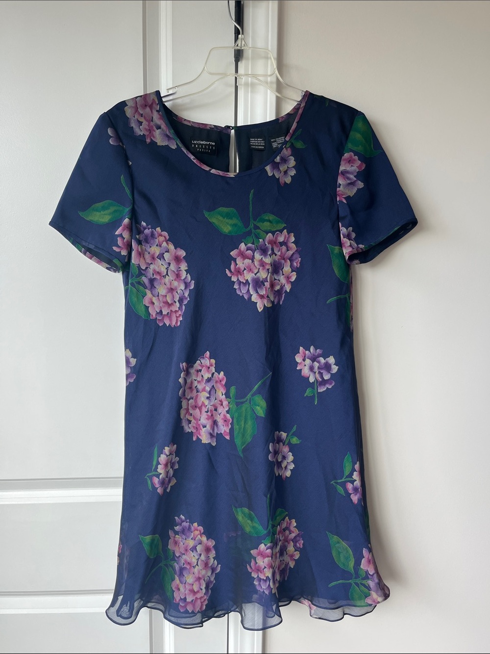 Liz Claiborne Petite Navy Floral Hydrangea Short Sleeve A-Line Dress